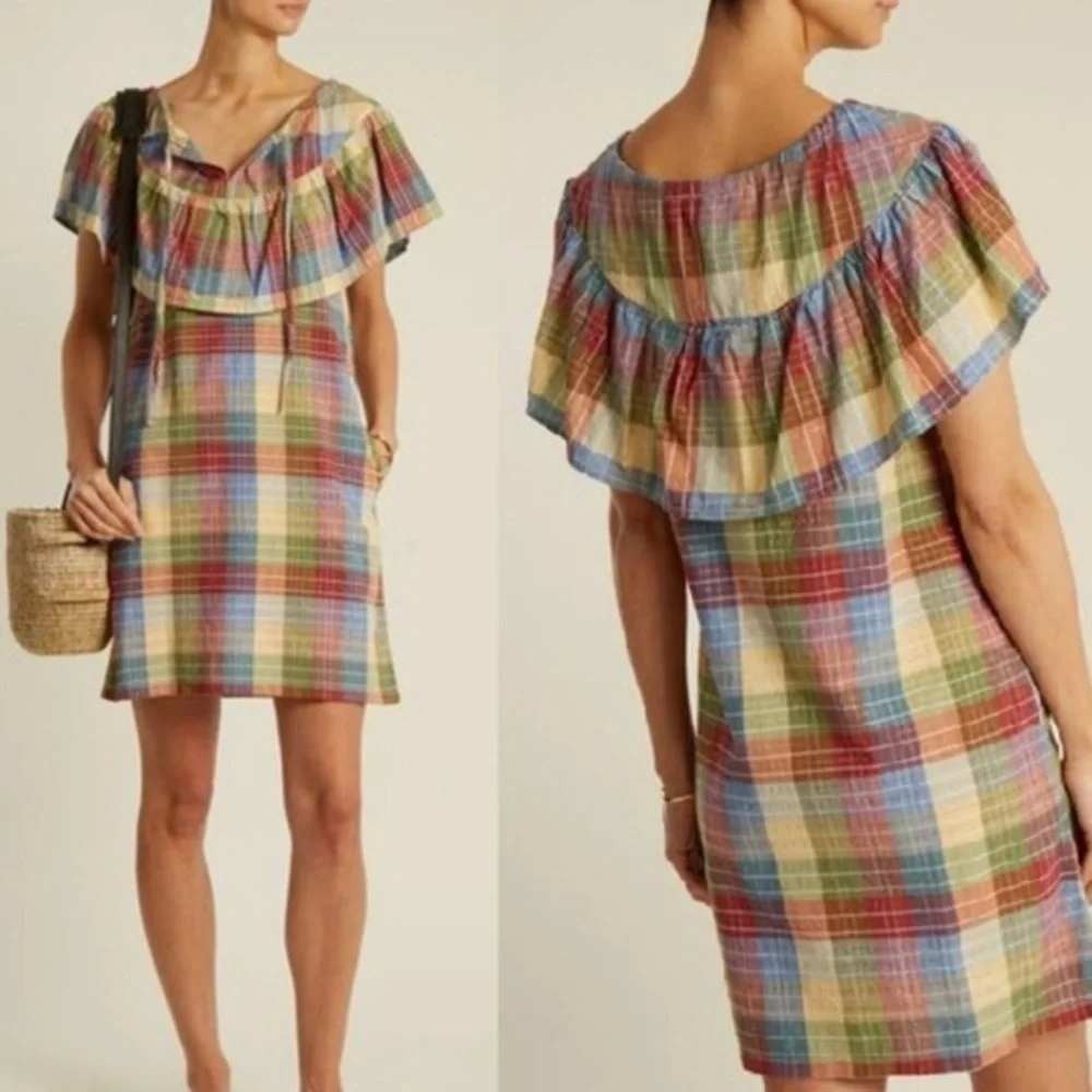 Ace & Jig Clifton Dress Madras Plaid Metallic Gold Ruffle Midi AJ625 MDRS Large